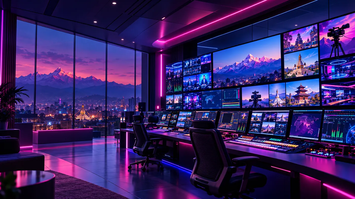 neon broadcast command centre conceptual illustration