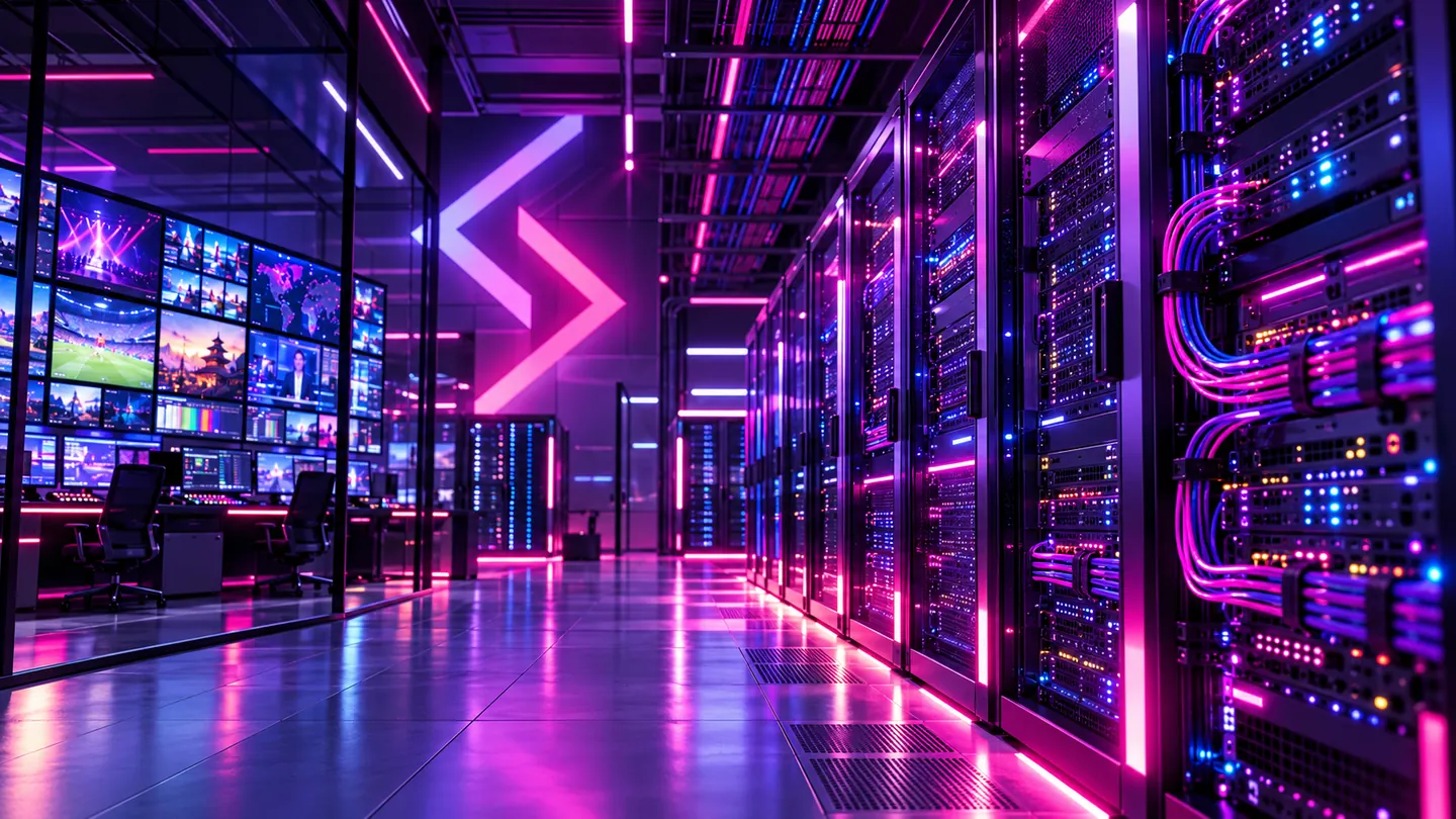 neon broadcast data centre control room conceptual illustration