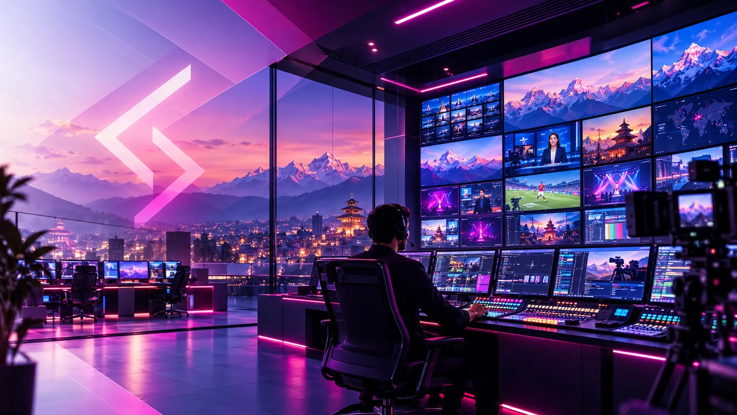 neon himalayan broadcast control room conceptual illustration